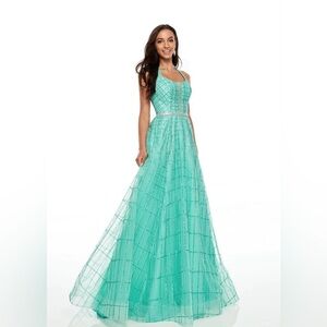 NWT Rachel Allan 7082 Sz 2 Aqua Green - Glittery Prom Dress with Beaded Details